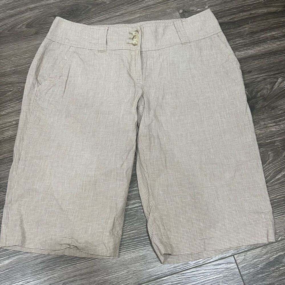 Michael Kors Checkered Tan Linen Bermuda Shorts